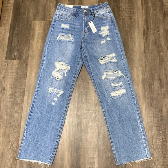 Rue21 baggy distressed raw hemmed straight leg jeans - Picture 2 of 5